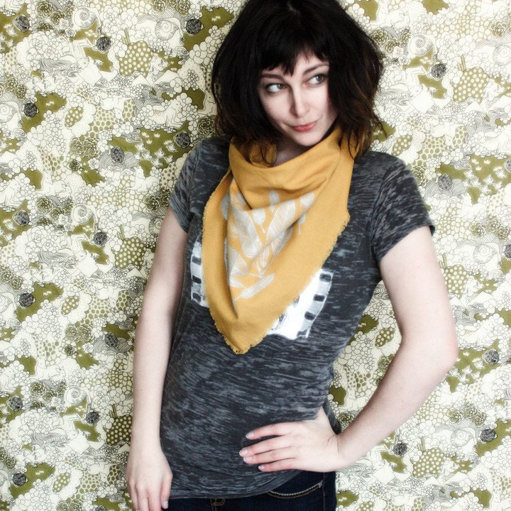Linen Blend Triangle Scarf- Golden Yellow with Silver Feathers