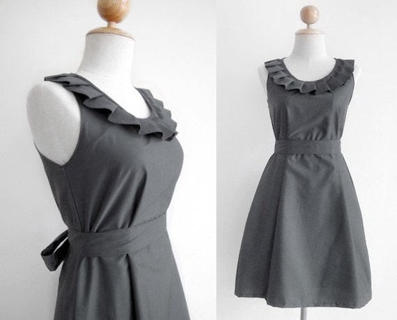 Reserved for Audrey's bridesmaids - Custom pleated collar dress w/ sash, pockets in grey (audreyjeffrey)