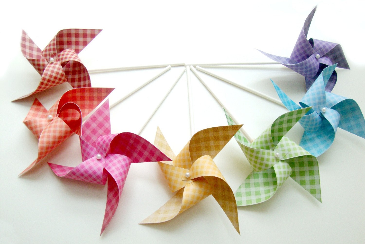 GINGHAM RAINBOW set of 7 mini pinwheels