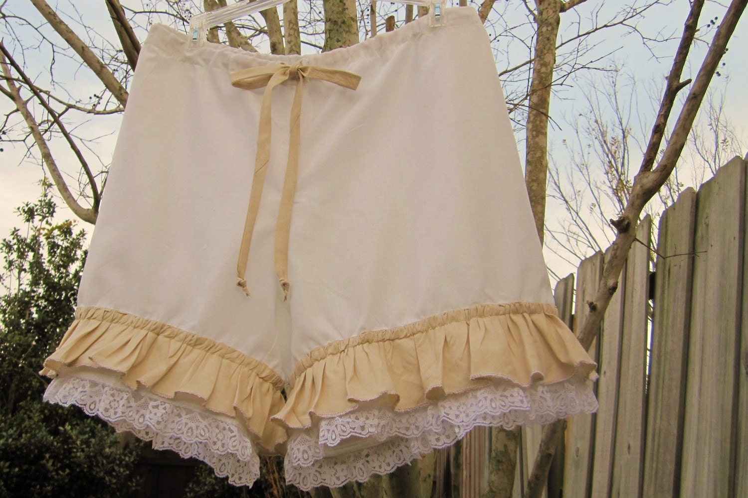 White and Natural Bloomers with Lace and Ruffles