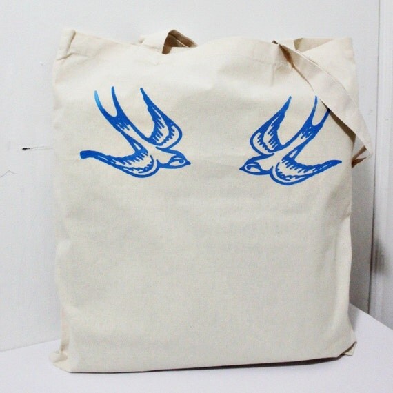 screen printed tote bag. Screen Printed Canvas Tote Bag Retro Sky Blue Sparrows Tattoo style. From CuddleCanvas