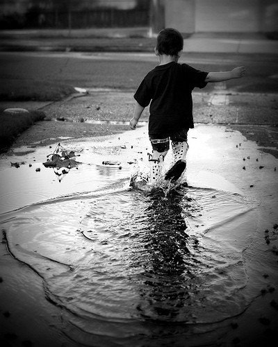 puddle stomping in black & white, 8x10 original photo