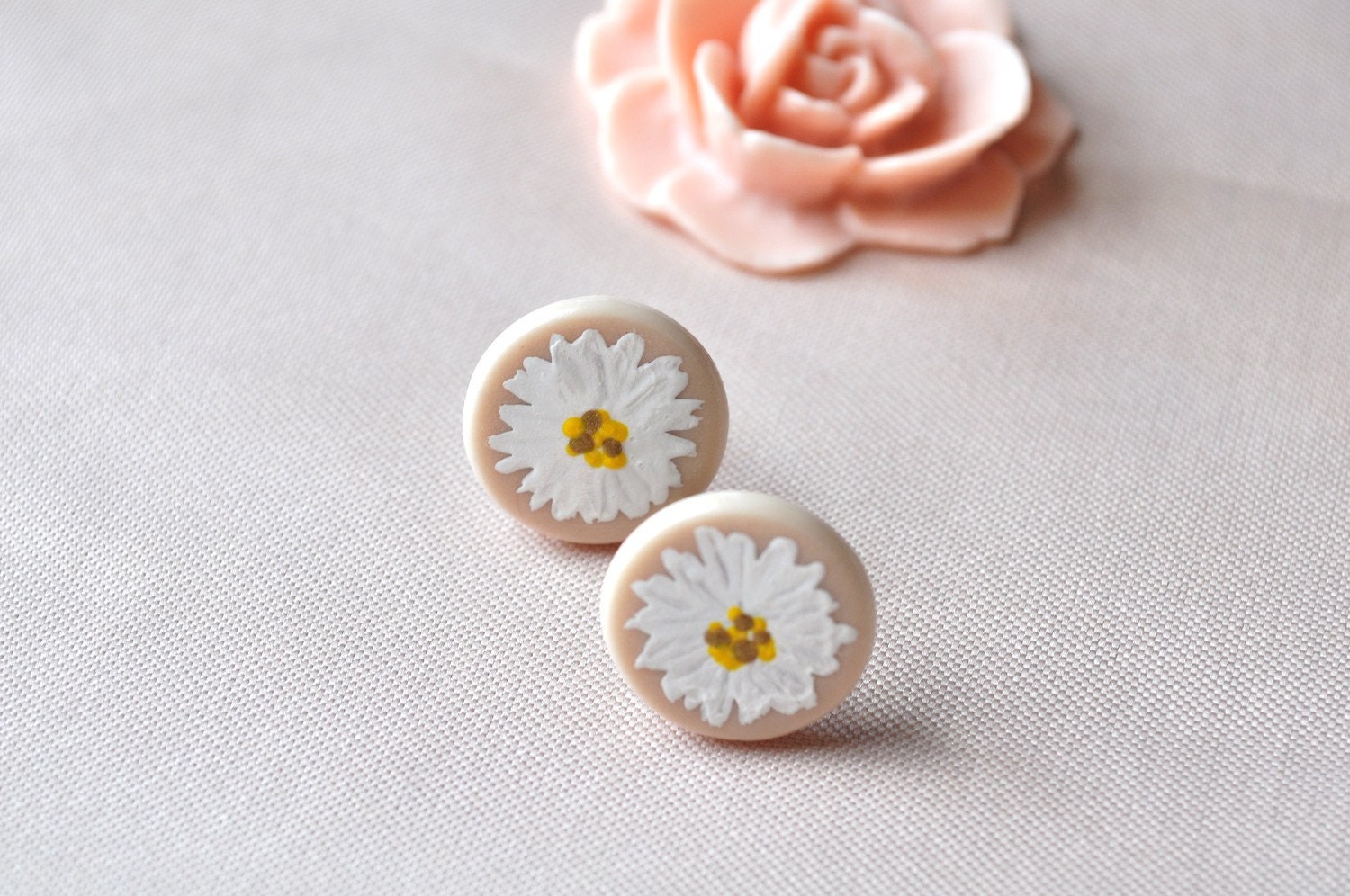 white flower earrings - small hand painted beige studs - reserved for giveaway