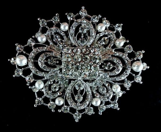 Regal Bridal Brooch Pin Pendant Swarovski Pearl Crystal - LEAH
