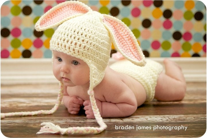 Crocheted Baby Easter Bunny Hat and Diaper Cover set   to 3 to 6 months