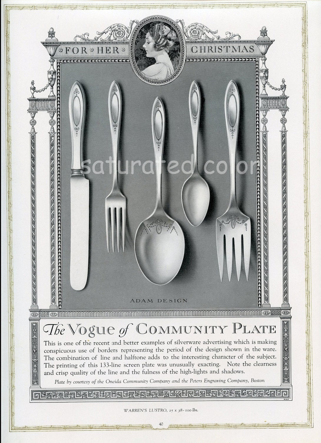 1918  Engraved Oneida Silverplate 5 Piece Place Setting Print  to frame- Peter's Engraving Co. - Boston