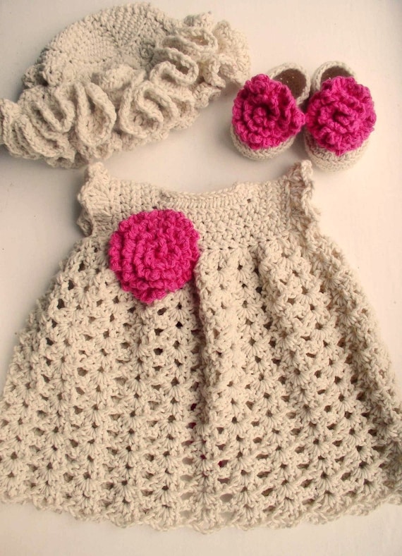 Newborn Baby Girl Dress in Cotton, Shoes/Booties and Sunhat set in Ecru and Hot Pink