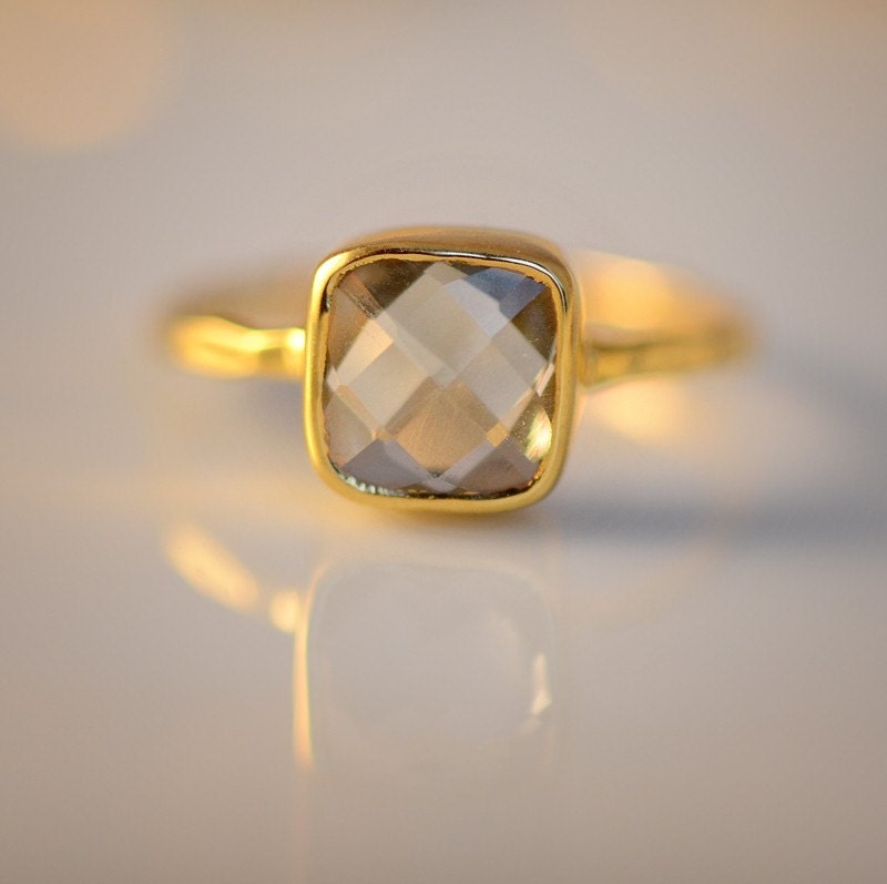 18K Hammered Gold Vermeil and Real Faceted Green Amethyst Ring