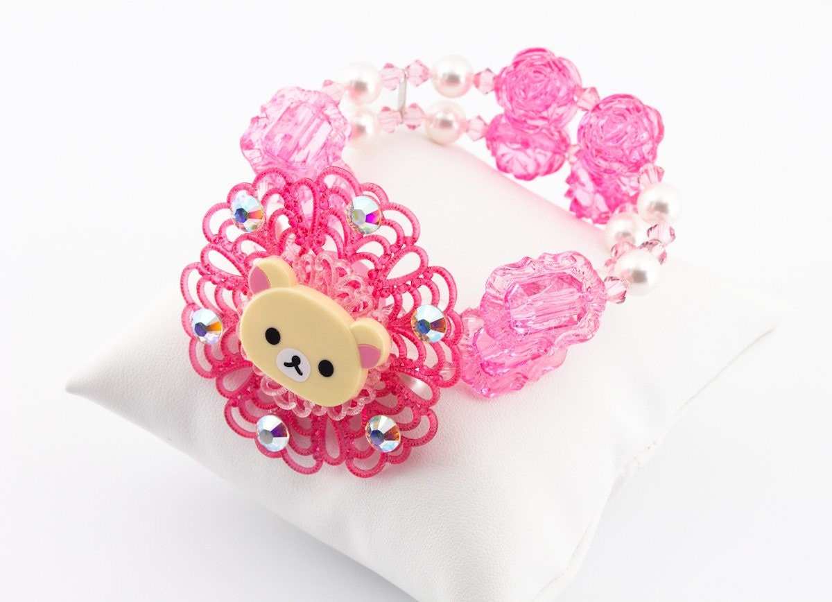 Korilakkuma Pink Lucite and Swarovski Crystal Double stranded bracelet Japanese Harajuku Street Fashion