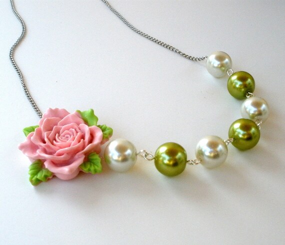 Pink Rose and Chartreuse Green Pearl Necklace - Romantic, Bridal, Bridesmaids Jewelry