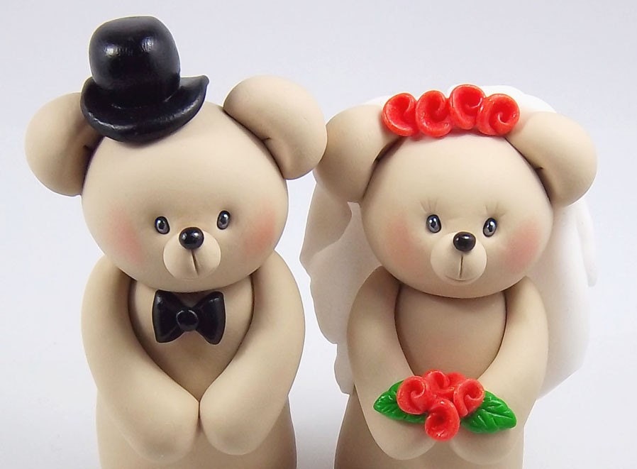 Smiling Teddy Bears Couple Polymer Clay Figurines - Personalized Wedding Cake Topper - Made To Order