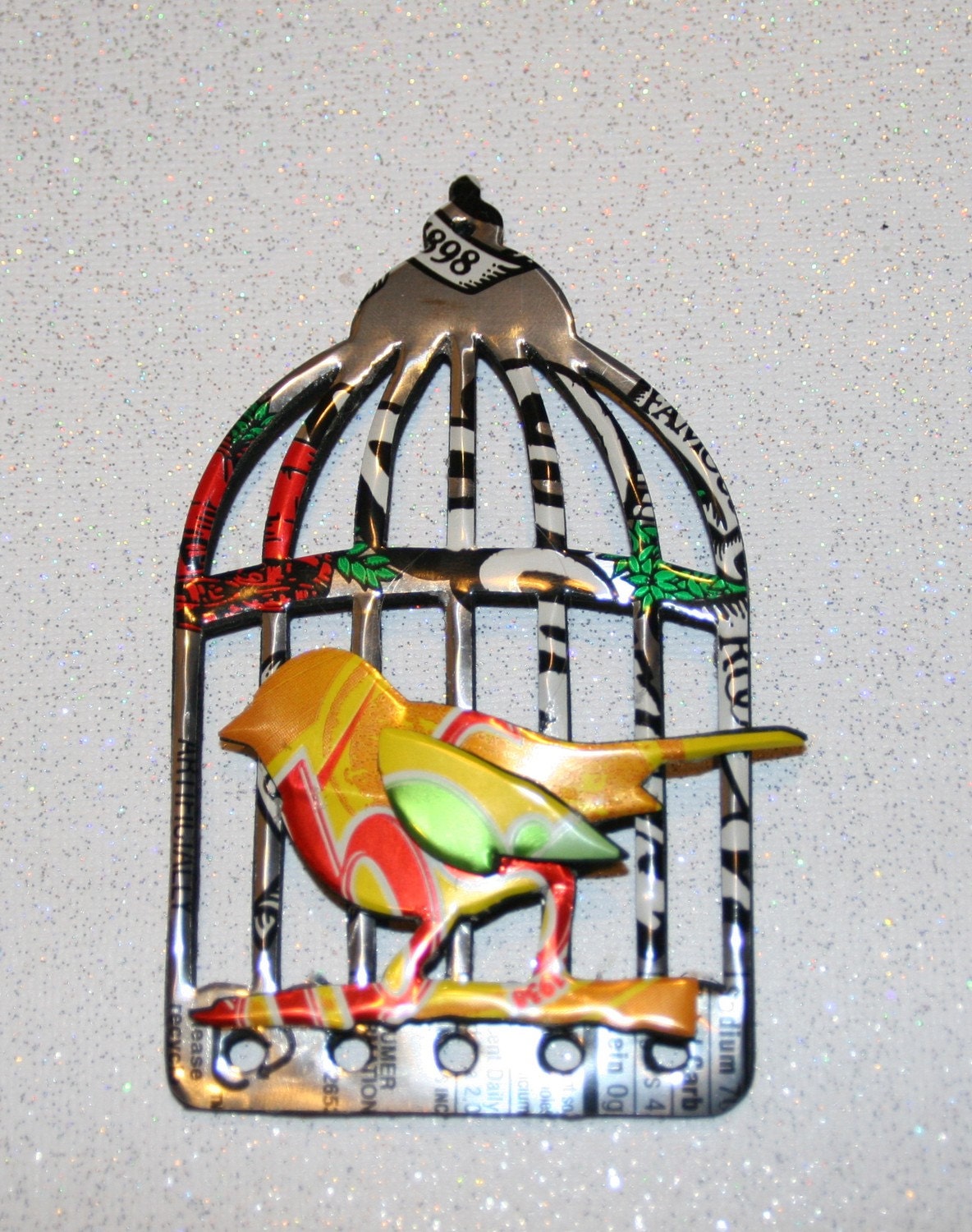 Recycled Soda Can Art-Large Bird and Bird Cage Magnet or Hang Tag