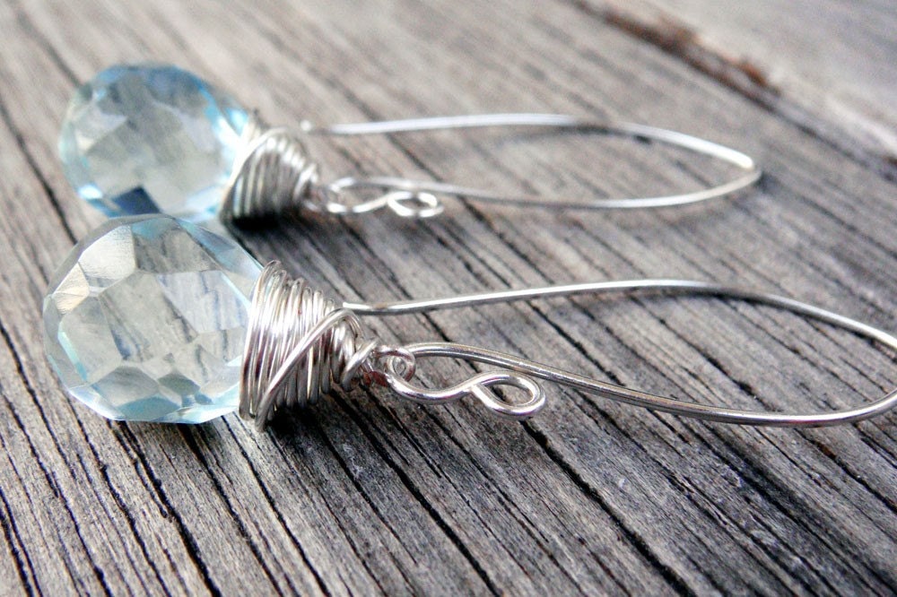 Aqua Blue Teardrop Earrings on Sterling Silver Ear by tracedesigns blue 