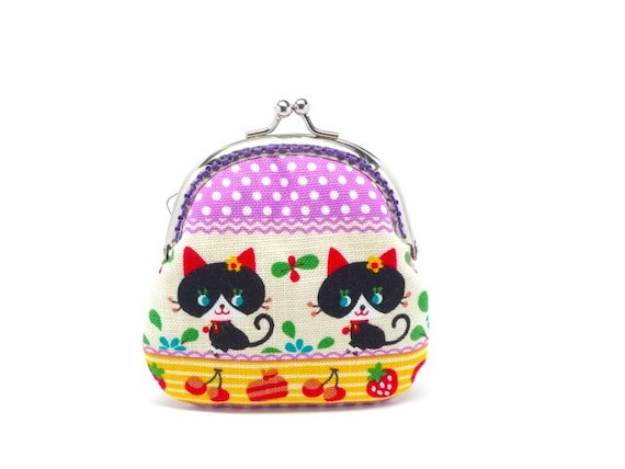 Black kitten coin purse with purple polka dot top
