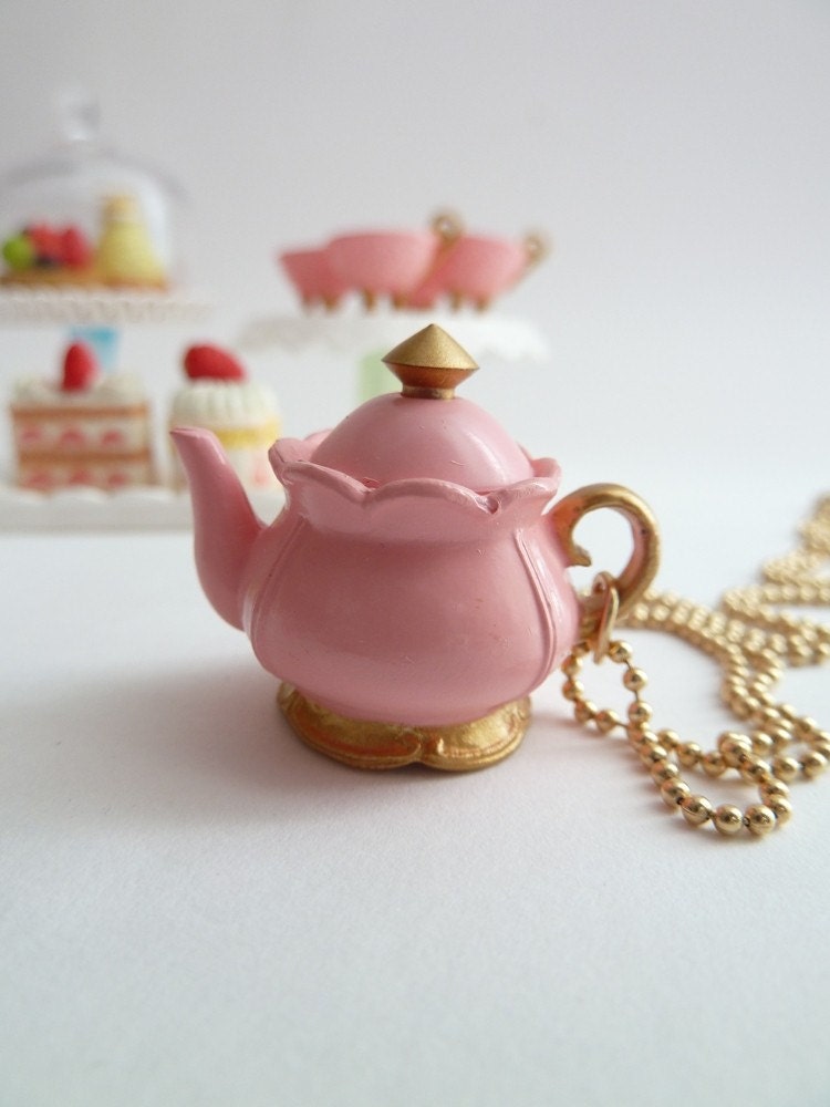 Antique Teapot  necklace Pendant alice in wonderland miniature Charm  gold ball chain necklace pink tea pot unique gifts birthday girls  -time for tea party