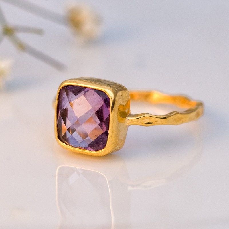 18K Hammered Gold Vermeil and Real Faceted  Square Amethyst Ring