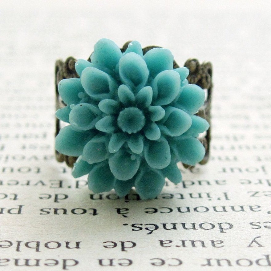 Turquoise Flower Ring Dahlia Flower Vintage Style Cocktail Ring - Garden Dreams