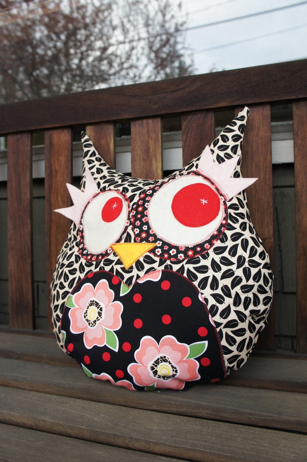 Large Owl Decorative Pillow - black leaves - Ready to ship