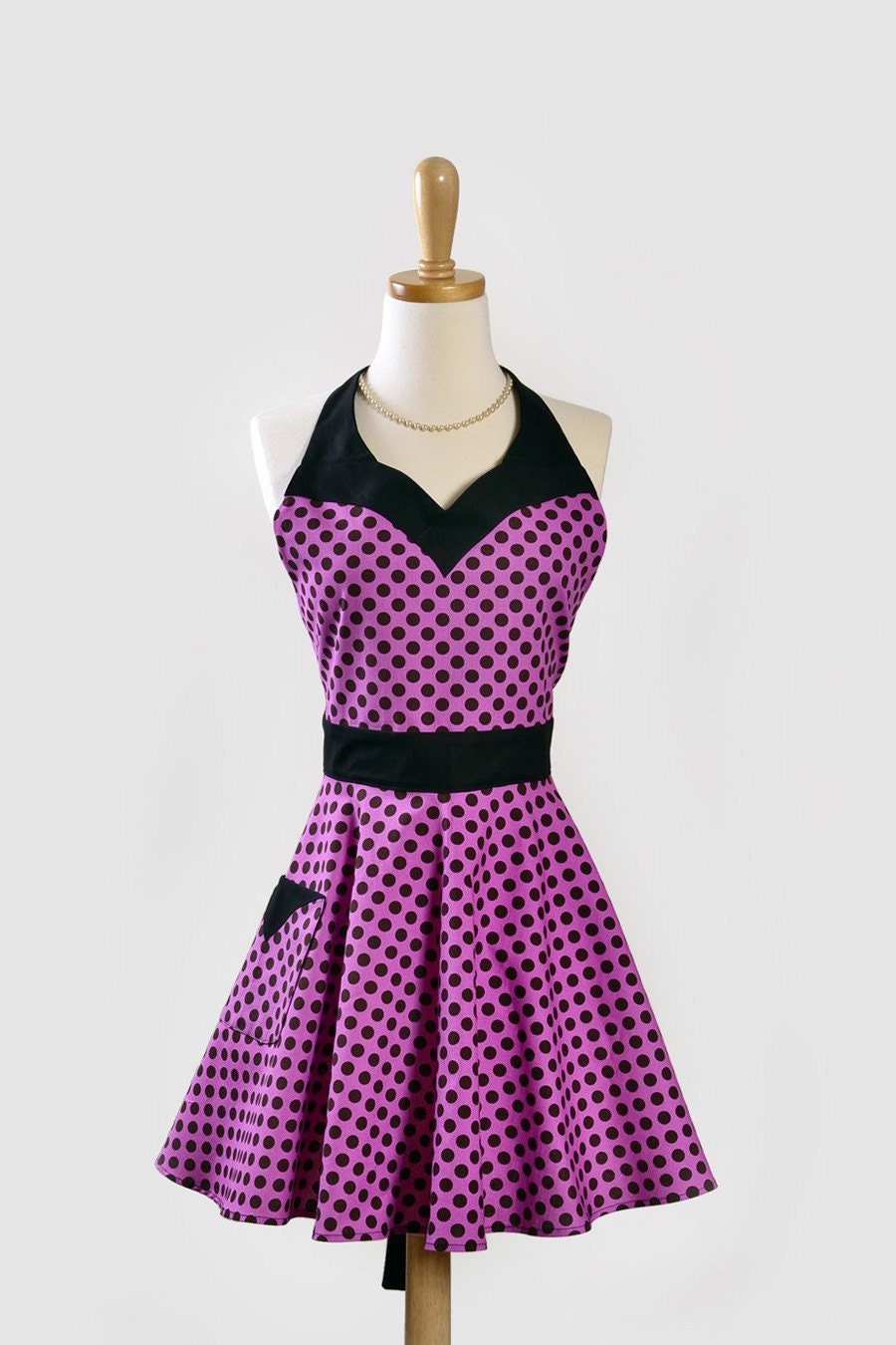 Womens Sweetheart Apron / Retro Styling in Black Dots on Pink from Michael Miller Ta Dots