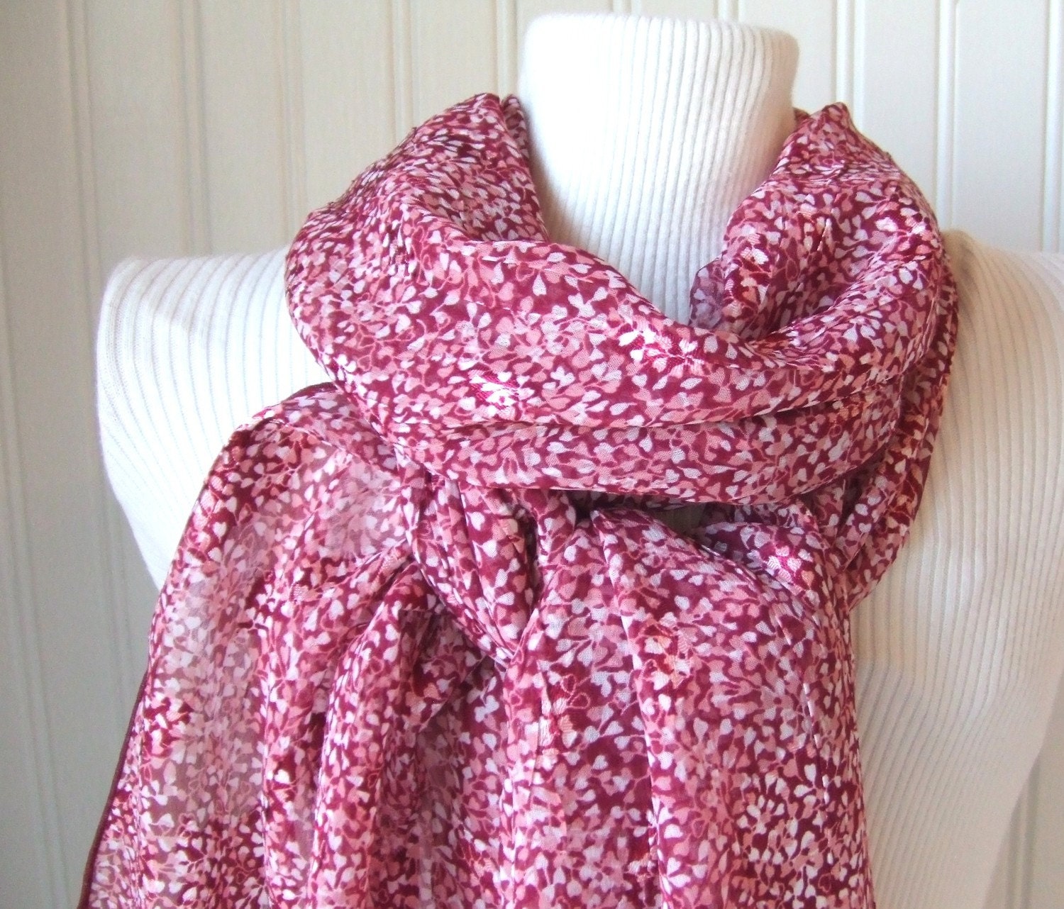 Cherry and Dusty Rose Floral.....Crinkled Chiffon Scarf.....Last One