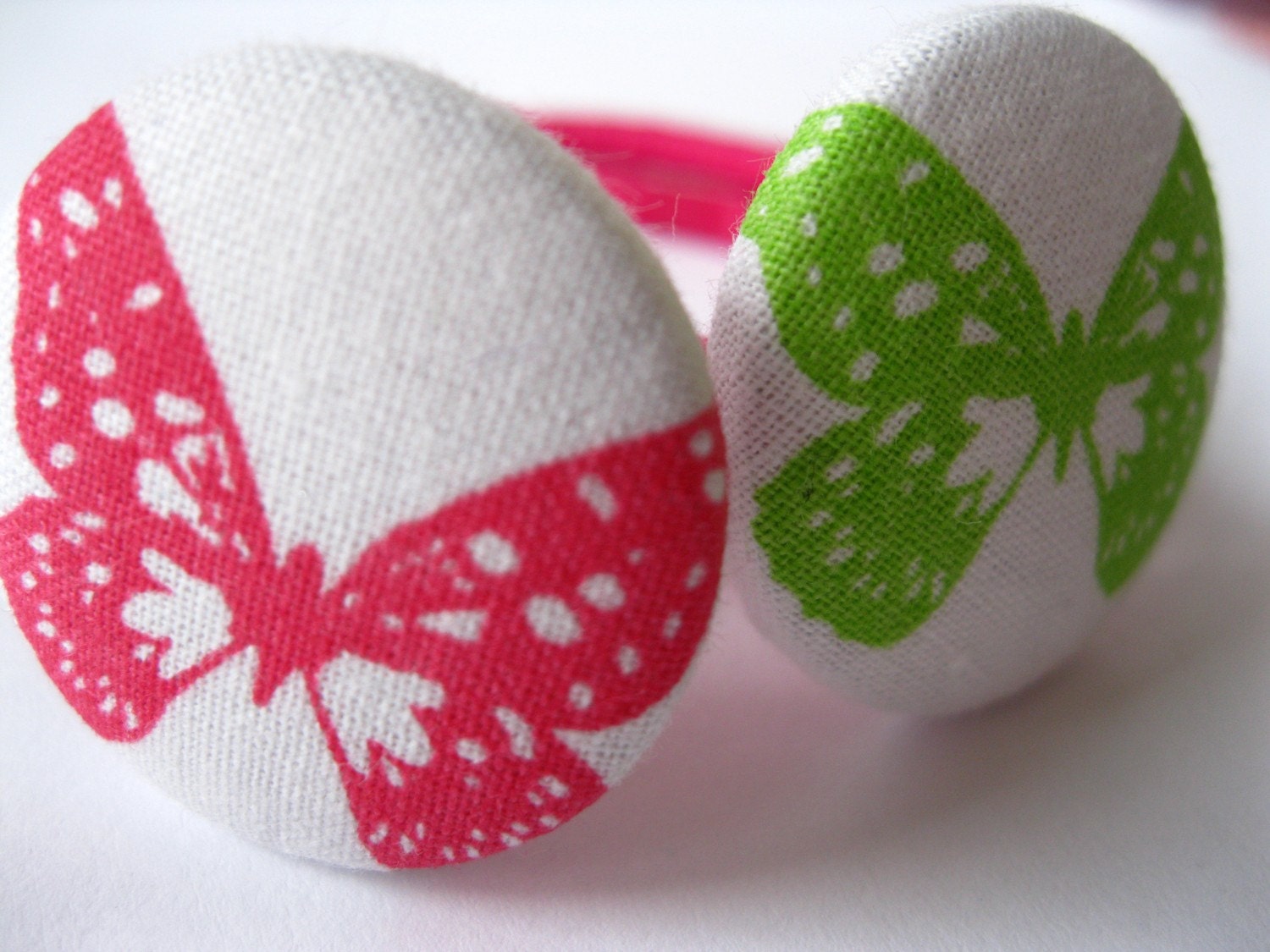 Button Ponies- Set of Two- Pink and Green Butterflies on White Skies...