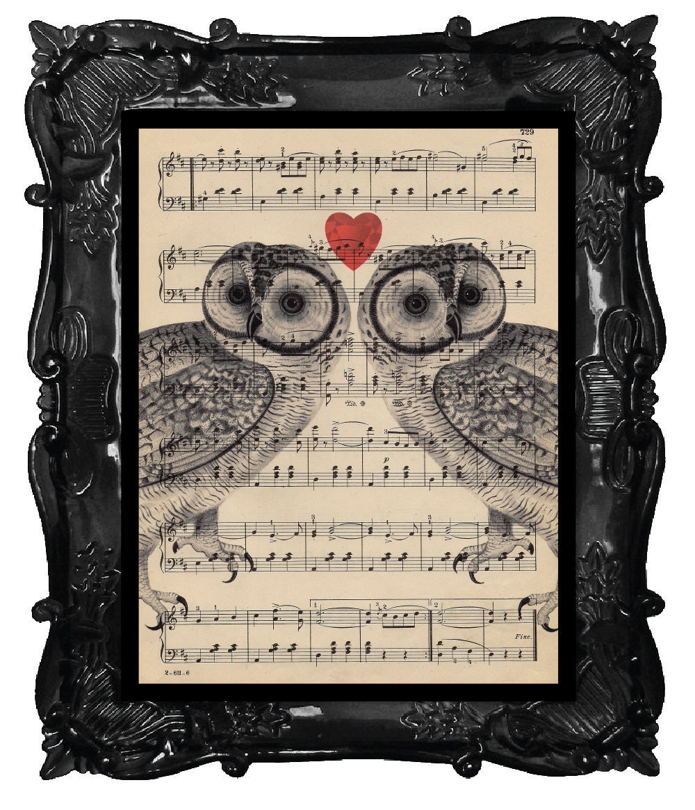 OUR ORIGINAL DESIGN Vintage Owl Lovers Print on an Antique 1889 Music Sheet Book Page