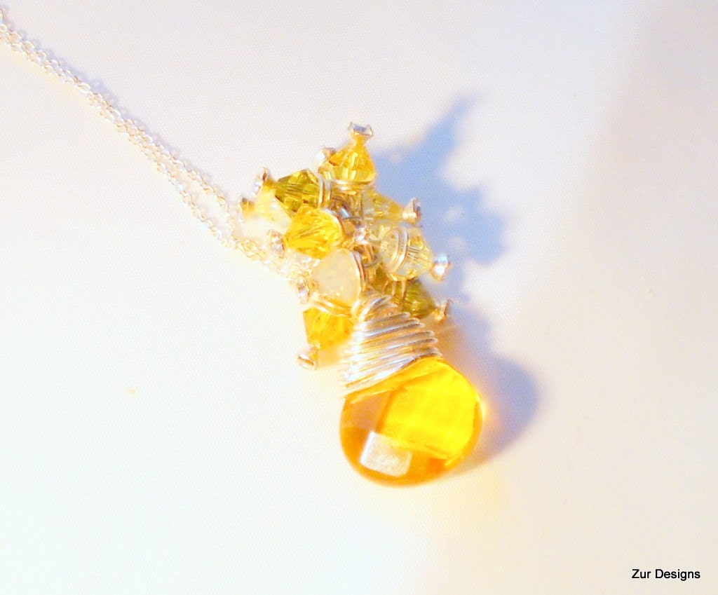 Bright Sun Shining Day Faceted Teardrop Wire Wrapped Necklace