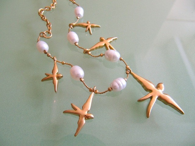 Sweet Swallow Necklace with Pretty White Pearls and Vintage Gold Chain