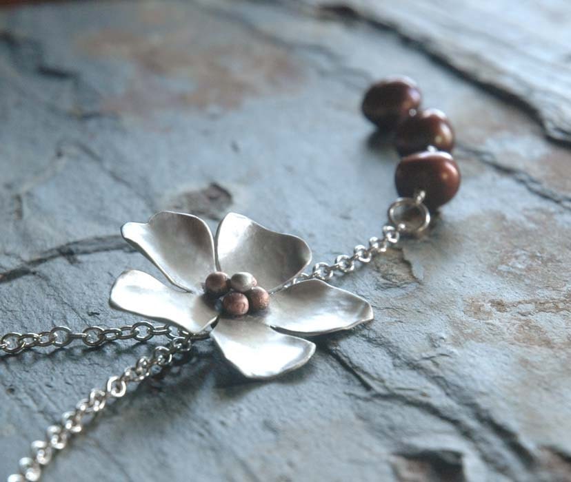 Sweet Magnolia - Sterling Necklace with Baroque Pearls