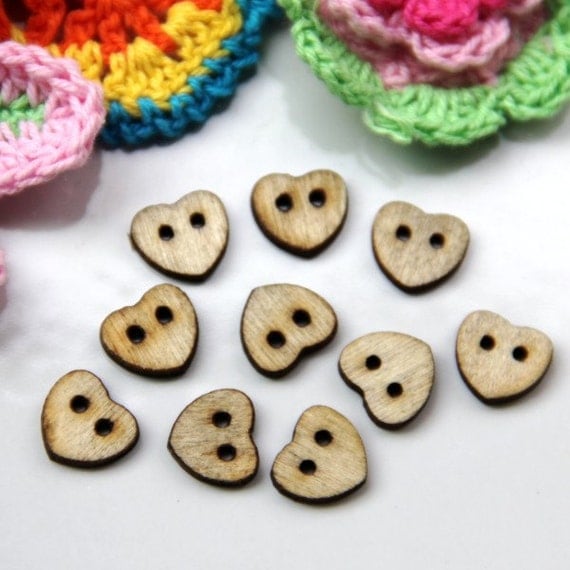 9 Wood buttons, Heart Shape, 10mm, for button jewelry, scrapbooking, bags, crafts