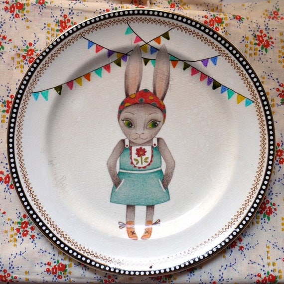 Heidi Bunny with Bunting Vintage Illustrated Large Feature Plate