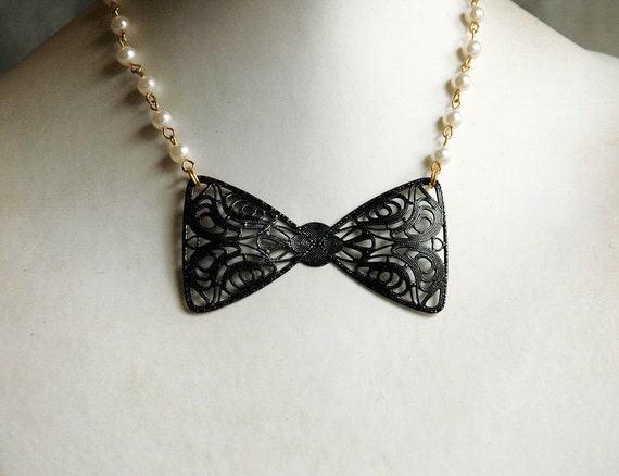 Black Tie Necklace - Cute Enamel Bow Tie with Vintage Faux Pearl Chain Spring Fashion