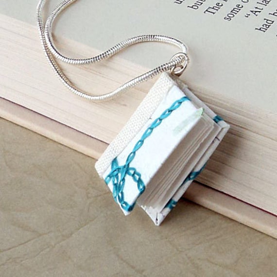 White and Blue Embroidery Book Pendant