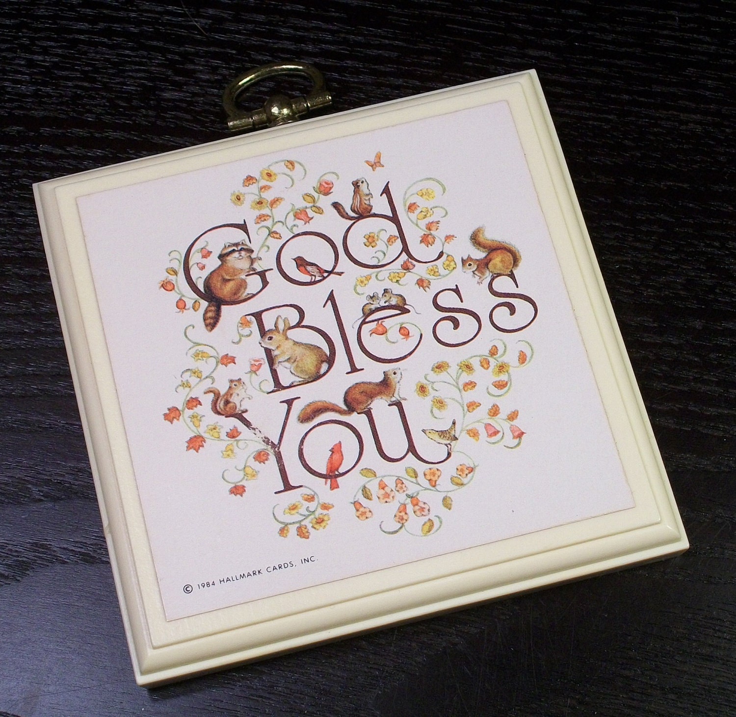 Vintage Hallmark Mini Plaque "God Bless You" Cream Forest Animals Leaves Flowers1980's