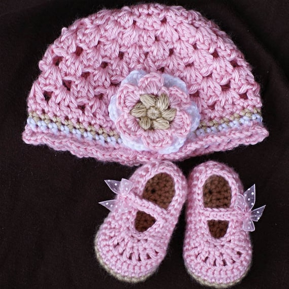 PDF Crochet Pattern for Baby Ribbon Maryjane Booties, and Princess Flower Beanie Hat