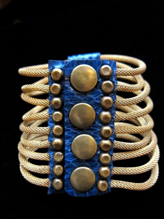 Brass Ribcage Bracelet (Cobalt Snakeskin)