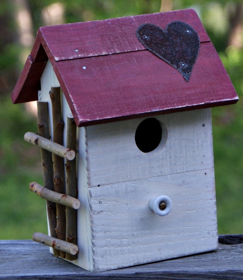 white birdhouse with red heart roof, shabby chic, cottage, coastal living, beach, French, primitive, rustic