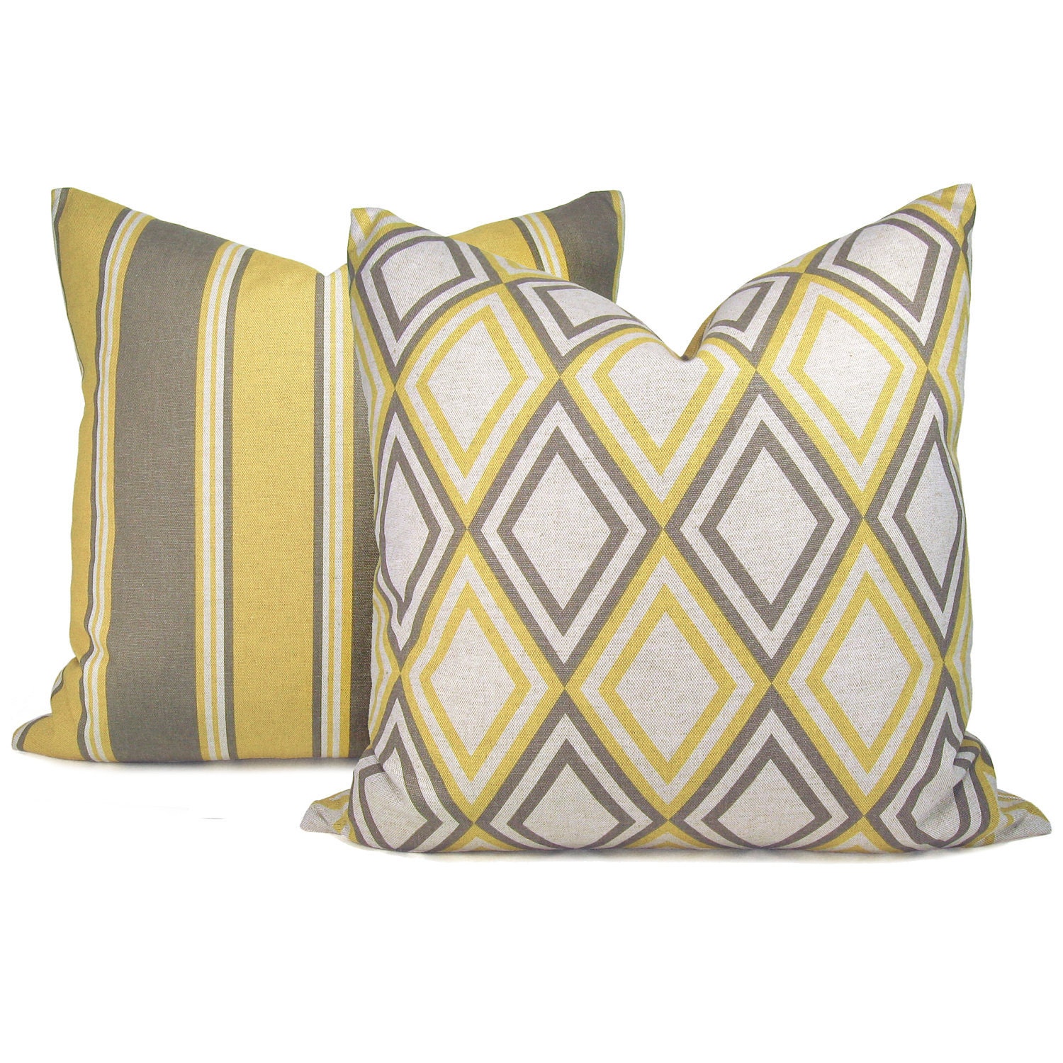 Modern Yellow and grey Geometric Pattern Reversible on Natural Linen Canvas 18 x 18 Cushion Covers - Set of Two (2)