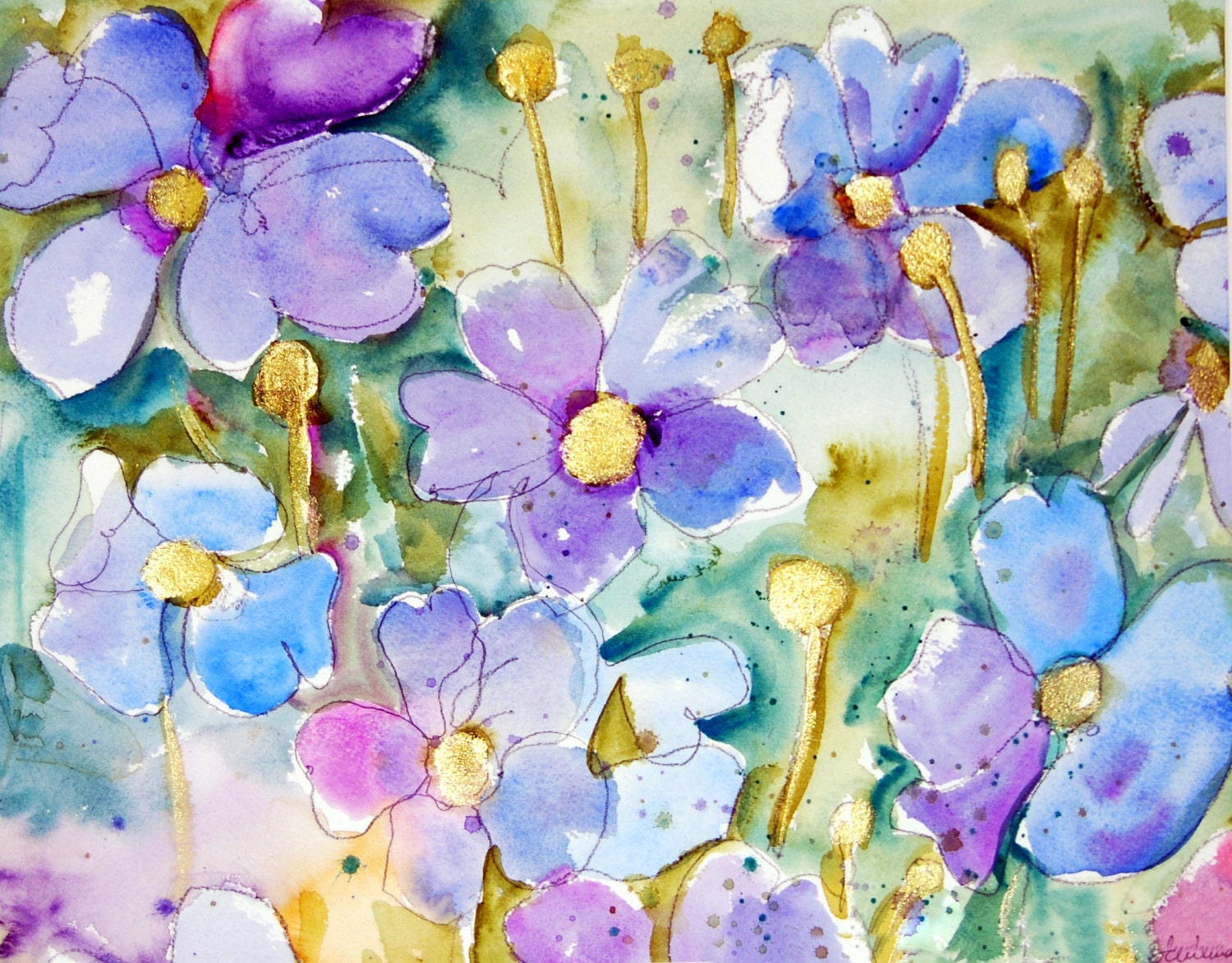 Floral Painting 16x20" with FREE mat, phlox purple Flowers, gold shimmer, deep teal