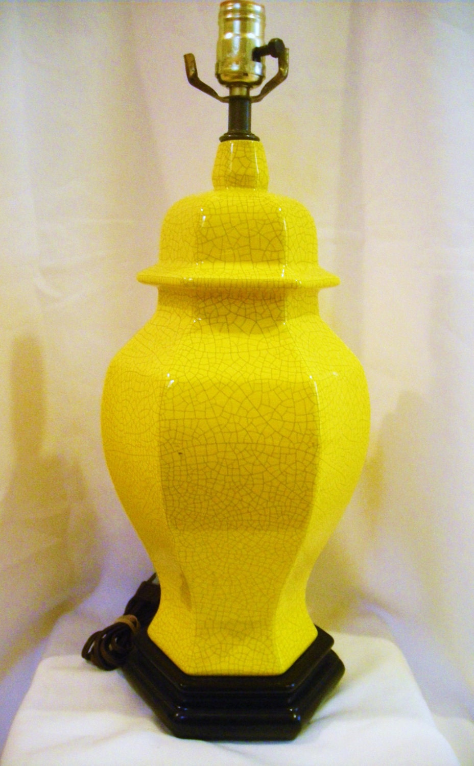 Vintage  Hollywood Regency 6 Sided Yellow Ginger Jar Lamp with Crackle Glaze