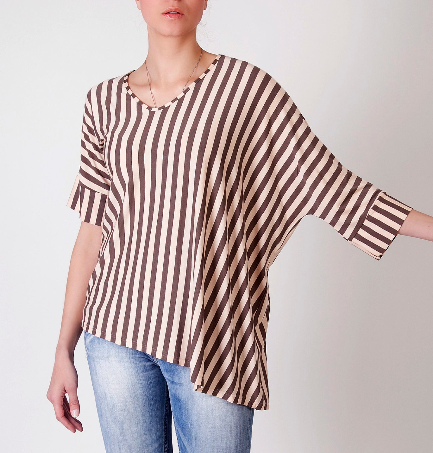 Striped blouse shirt sweater with oversized draped side in pastel pink cream & brown -ready to ship-