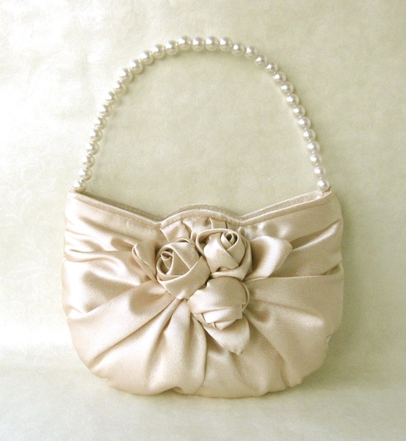 Bridesmaid Gift Clutches/Handbag---Rose Satin Handbag in Beige
