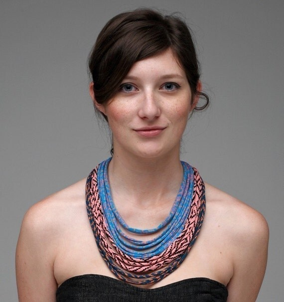 Featured on the Today Show Giant Maze Fabric Necklace in Blue Pink and Green