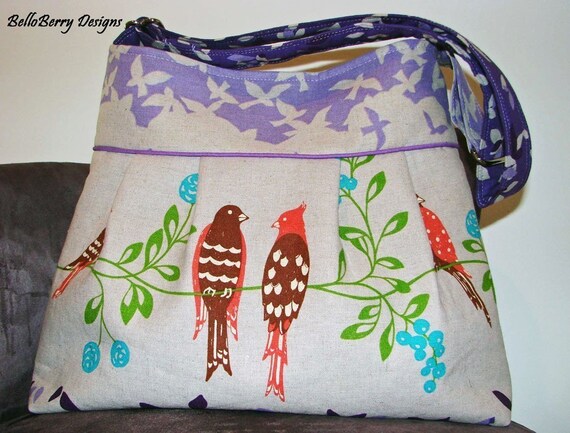 Birdsong in Purple Japanese Print - Medium Pleated Bag with Adjustable Strap and Magnetic Closure