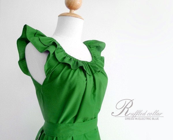 Custom ruffled collar dress w/ pockets, sash in green