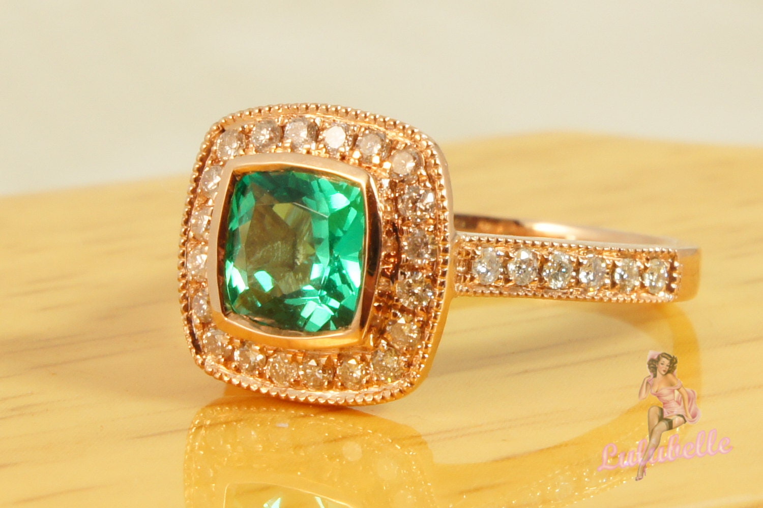 The Simple Legacy - 14k Rose gold with cushion cut green tourmaline and pave diamond engagement or wedding ring
