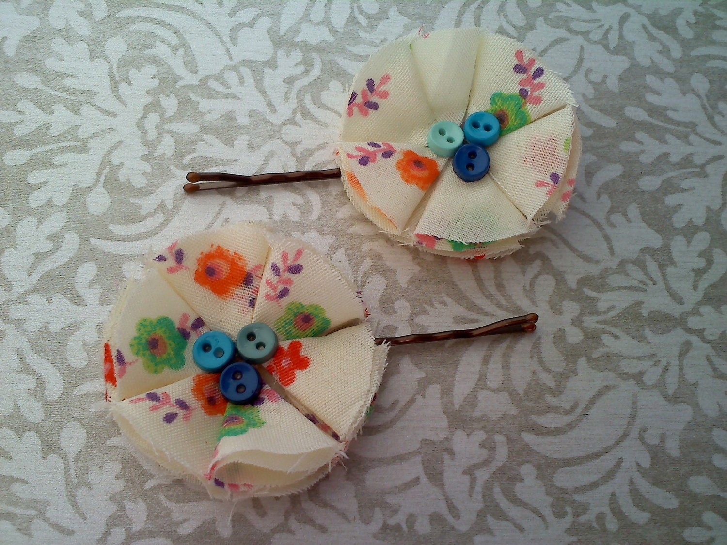60's vintage floral print bobby pins with blue buttons