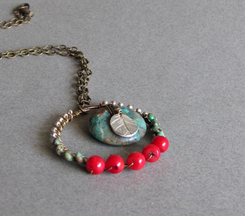 Southwestern Turquoise and Coral Wire Wrapped Necklace
