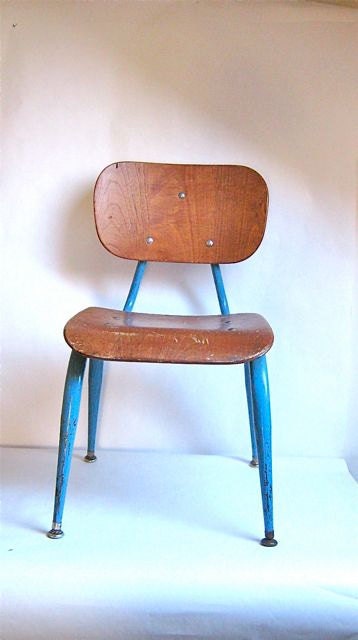 Vintage mid century wooden school chair with metal blue legs