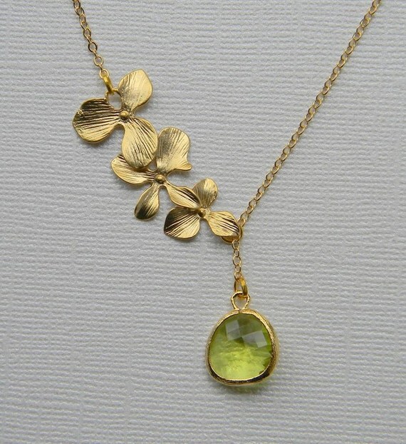 Gold Orchids and Apple Green Stone Lariat Necklace
